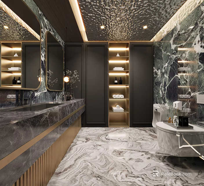 Modern Luxury Bathroom Interior With Marble Walls Double Vanity Mirrors And Storage Cabinets 3d model 