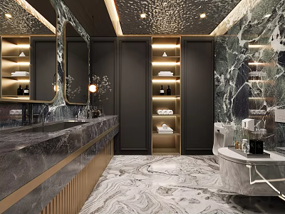 Modern Luxury Bathroom Interior With Marble Walls Double Vanity Mirrors And Storage Cabinets 3d model