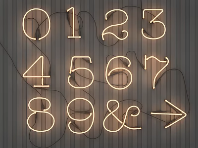 Glowing Neon Decorative Lights With Numbers Symbols And Arrow On Dark Striped Backdrop 3d model