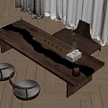 Solid Wood Tea Table With Tea Utensils Two Floor Cushions Curtains And Wooden Floor