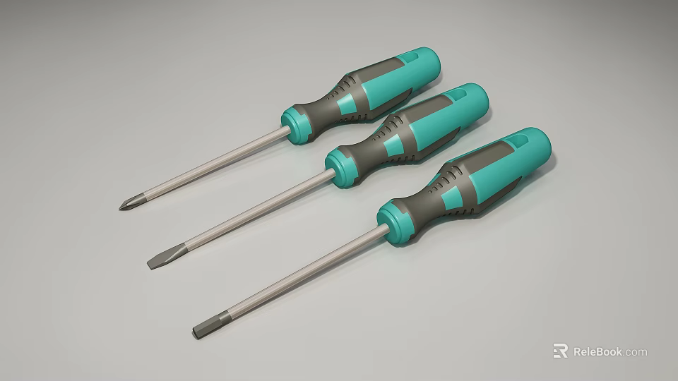 Professional Hardware Tools Set of Three Teal Screwdrivers with Ergonomic Handles 3d model 