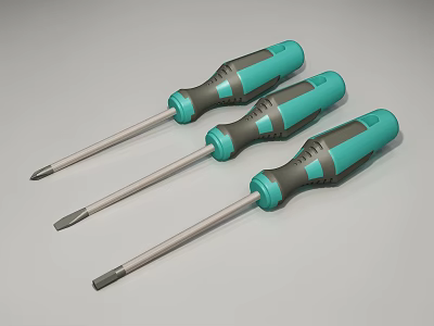 Professional Hardware Tools Set of Three Teal Screwdrivers with Ergonomic Handles 3d model