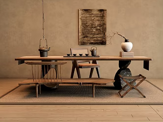 Tea Table and Chair Bench Leisure Chair Solid Wood Tea Table and Chair Tea Set Tea Set Tea Room Hanging Picture 3d model