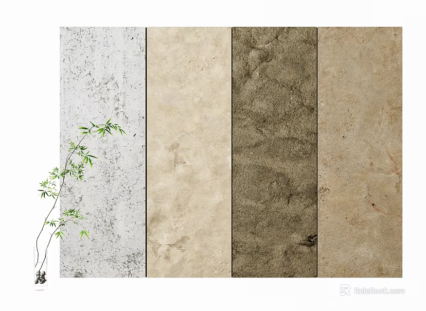 Various Textured Background Wall With Different Neutral Colors And Bamboo Decoration 3d model 