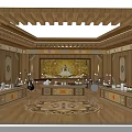 Traditional Temple Interior with Wooden Structure Ornate Mural Altar Table and Intricate Carpet