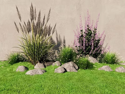 Tall Purple Flowers and Green Grasses in Lawn with Stones and Gray Wall 3d model