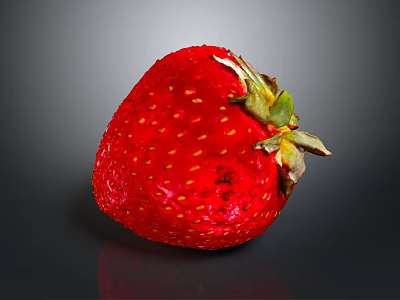 Fresh Juicy Red Strawberry With Yellow Seeds And Green Leaves Isolated On Dark Background 3d model