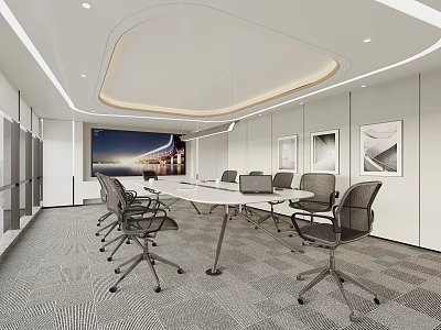 Modern Conference Room Interior Design With Long Table Ergonomic Chairs Wall Artwork And Large Screen 3d model