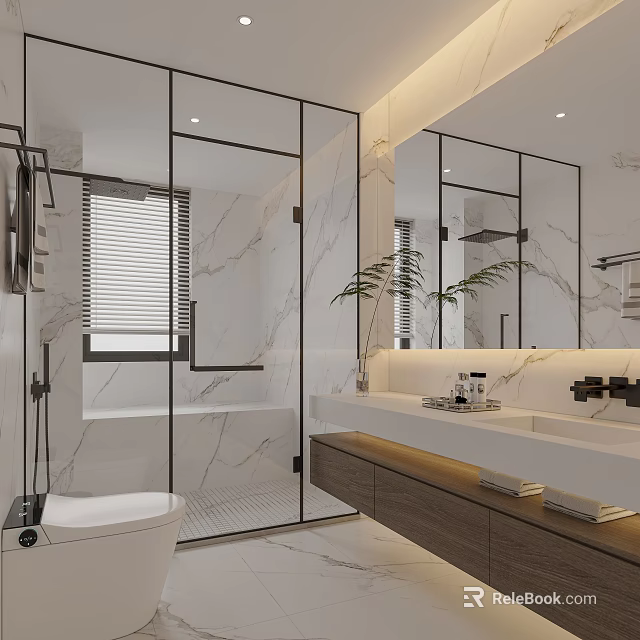 Modern Luxury Bathroom Interior With Marble Walls Glass Shower And Double Vanity 3d model 