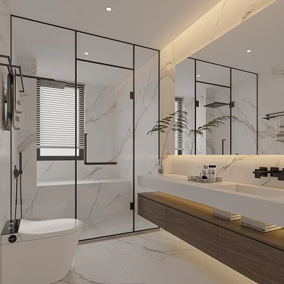 Modern Luxury Bathroom Interior With Marble Walls Glass Shower And Double Vanity 3d model