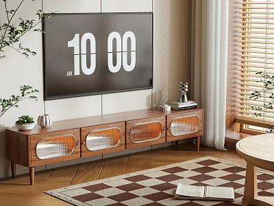 Wooden TV Stand With Lattice Doors Storage Wall Mounted TV Green Plants And Checkerboard Rug 3d model