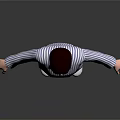 Woman in Blue and White Striped Pajamas with Arms Outstretched Against Black Background