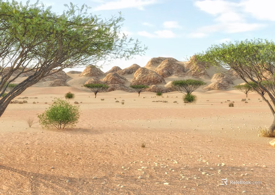 Vast Arid Desert Landscape With Rolling Sand Dunes And Sparse Trees Under Blue Sky 3d model 