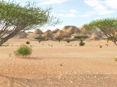 Vast Arid Desert Landscape With Rolling Sand Dunes And Sparse Trees Under Blue Sky 3d model