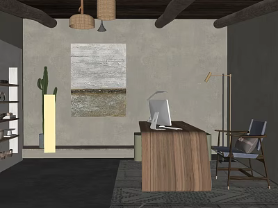 Modern Office Interior With Wooden Desk Computer Chair Wall Painting Cactus And Pendant Lights 3d model