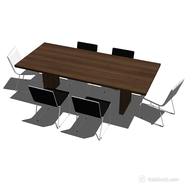 Modern Minimalist Dining Table Set With Rectangular Wooden Top And Metal Leg Chairs 3d model 