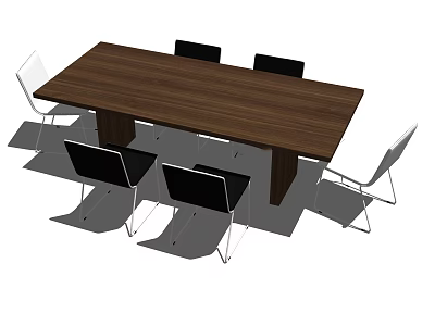 Modern Minimalist Dining Table Set With Rectangular Wooden Top And Metal Leg Chairs 3d model