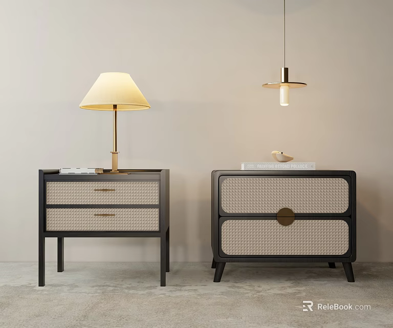 Modern Bedside Tables Featuring Rattan Details Table Lamp And Pendant Light 3d model
