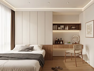 Minimalist Tatami Bedroom Interior With Bed Cabinets Desk Mirror And Soft Lighting 3d model