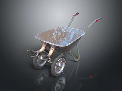 Shiny Metal Wheelbarrow With Two Wheels Green Frame Red Grips And Metal Bucket 3d model