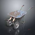 Shiny Metal Wheelbarrow With Two Wheels Green Frame Red Grips And Metal Bucket