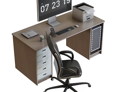 Modern Office Desk With Monitor Printer Keyboard Mouse Phone Drawers And Office Chair 3d model