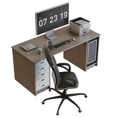 Modern Office Desk With Monitor Printer Keyboard Mouse Phone Drawers And Office Chair 3d model