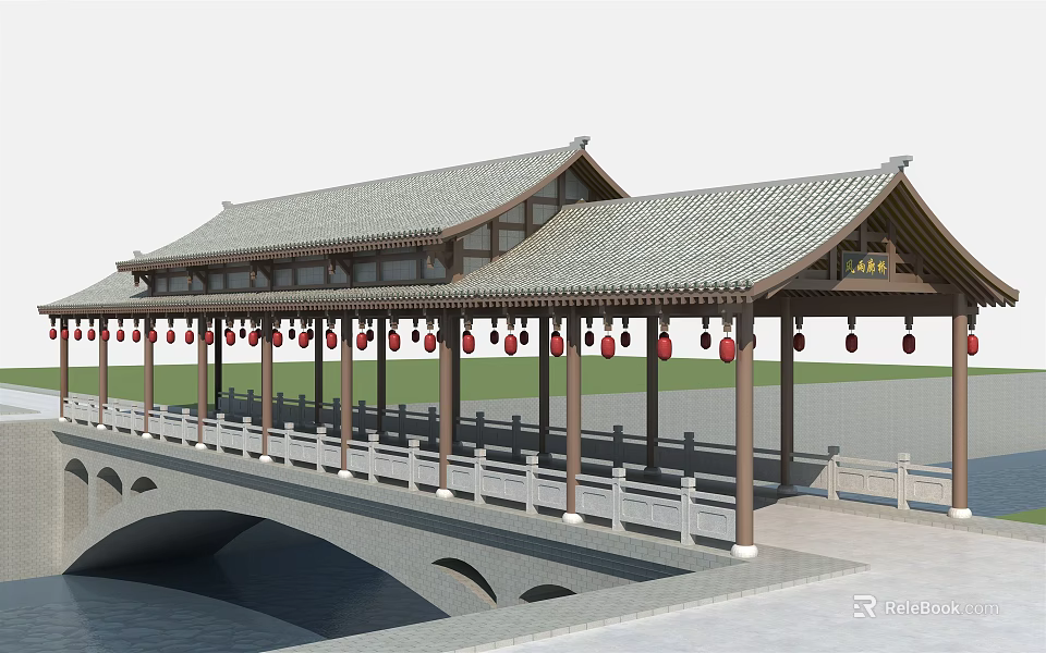 Traditional Chinese Covered Bridge With Pitched Roof Red Lanterns And Stone Railings Over Water 3d model 