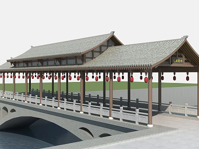 Traditional Chinese Covered Bridge With Pitched Roof Red Lanterns And Stone Railings Over Water 3d model