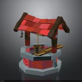 Pixel Style Well Structure With Red Roof Brown Supports And Wooden Bucket