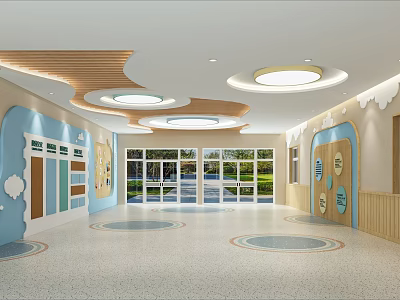 Bright Kindergarten Interior Design With Circular Ceiling Large Windows And Colorful Floor Patterns 3d model