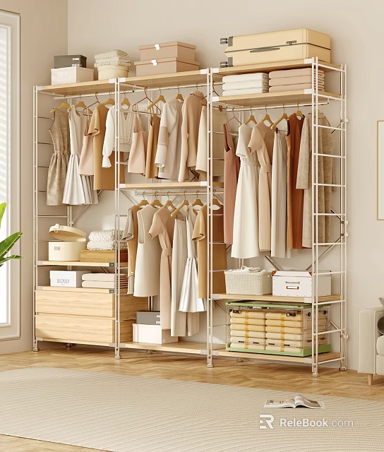Practical Metal Clothing Storage Rack in Indoor Space With Hanging Clothes Drawers And Storage Boxes 3d model 