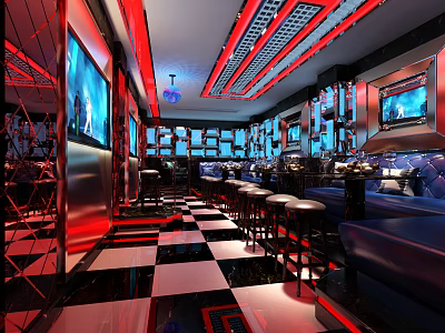 Modern KTV Interior Design With Red Lighting TV Screens Leather Sofas And Checkered Floor 3d model