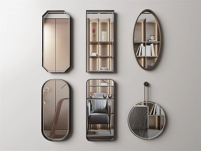 Multiple Modern Decorative Wall Mirrors with Various Shapes and Interior Reflections 3d model