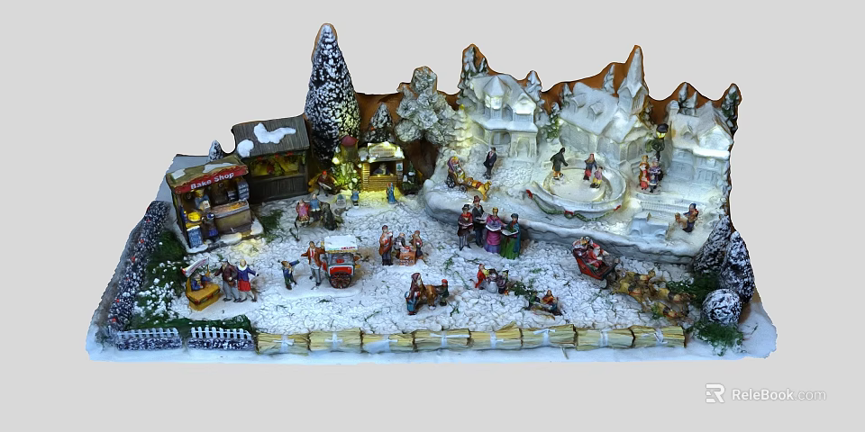 Cartoon Winter Village Scene With Snowy Landscape Market Stalls Figures And Cottages 3d model 
