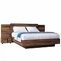 Modern Double Bed With Wooden Headboard White Sheets Pillows And Blue Blanket