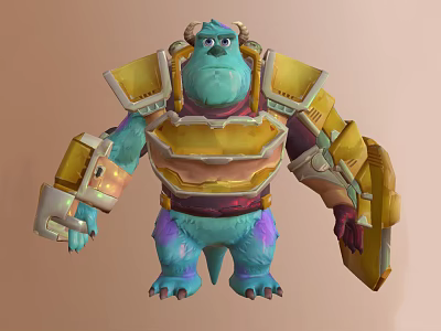 Colorful Blue Monster Character With Yellow Armor Horned Head Purple Accents And Mechanical Arms 3d model