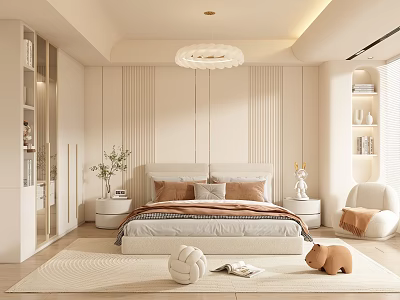 Modern Beige Bedroom Interior With Vertical Striped Headboard Wall Chandelier Bedside Tables And Rug 3d model