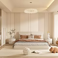 Modern Beige Bedroom Interior With Vertical Striped Headboard Wall Chandelier Bedside Tables And Rug