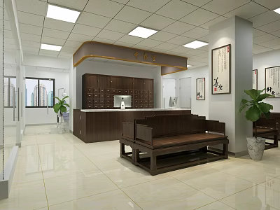 Traditional Chinese Reception Hall With Dark Wooden Counter Long Bench Calligraphy Paintings And Green Plants 3d model
