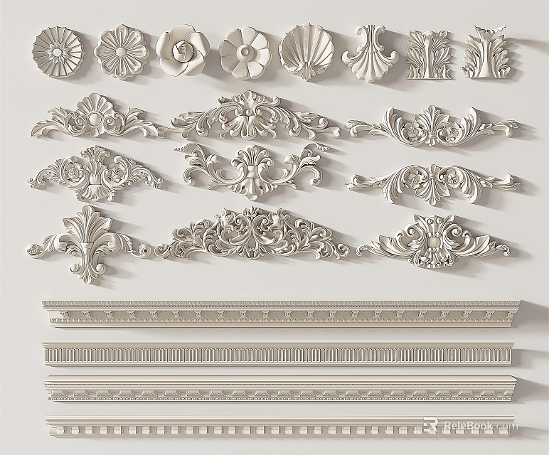 Ornamental Carvings With Floral Shell Scroll Designs For Architectural Decorative Moldings 3d model 