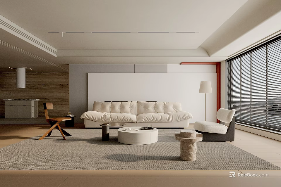 Modern Living Room Interior With White Sofa Round Rug Floor Lamp And Wooden Accents 3d model 