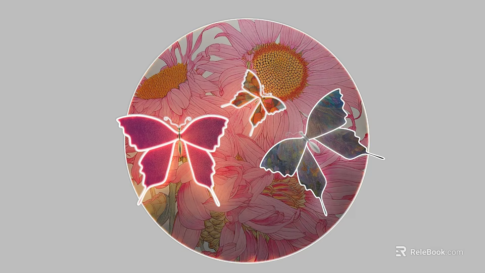 Beautiful Colorful Flying Butterflies Over Vibrant Pink Sunflower Flowers 3d model 