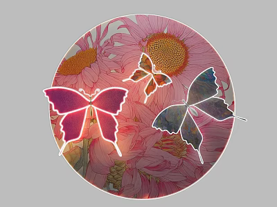 Beautiful Colorful Flying Butterflies Over Vibrant Pink Sunflower Flowers 3d model