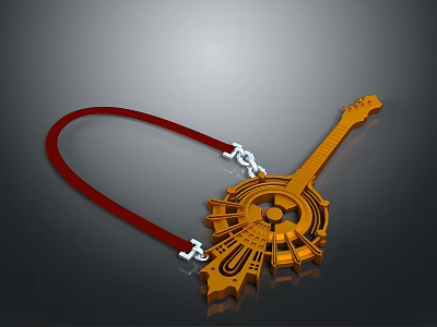 Guitar Shaped Golden Metal Necklace With Red String For Daily Use Decorative Accessory 3d model