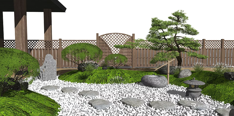 Tranquil Zen Rock Garden With Pebble Path Pine Trees Wooden Fence And Mossy Stones 3d model 