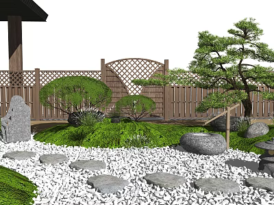Tranquil Zen Rock Garden With Pebble Path Pine Trees Wooden Fence And Mossy Stones 3d model