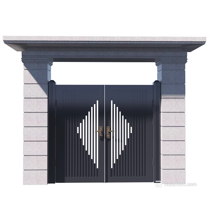 Building Exterior Wall Featuring Black Metal Gate With White Diamond Lines And Gray Stone Pillars 3d model 