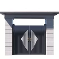 Building Exterior Wall Featuring Black Metal Gate With White Diamond Lines And Gray Stone Pillars