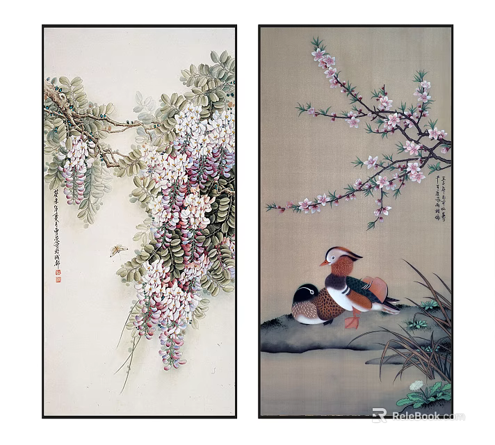 Traditional Chinese Painting Artworks Featuring Wisteria Plum Blossoms And Mandarin Ducks 3d model 